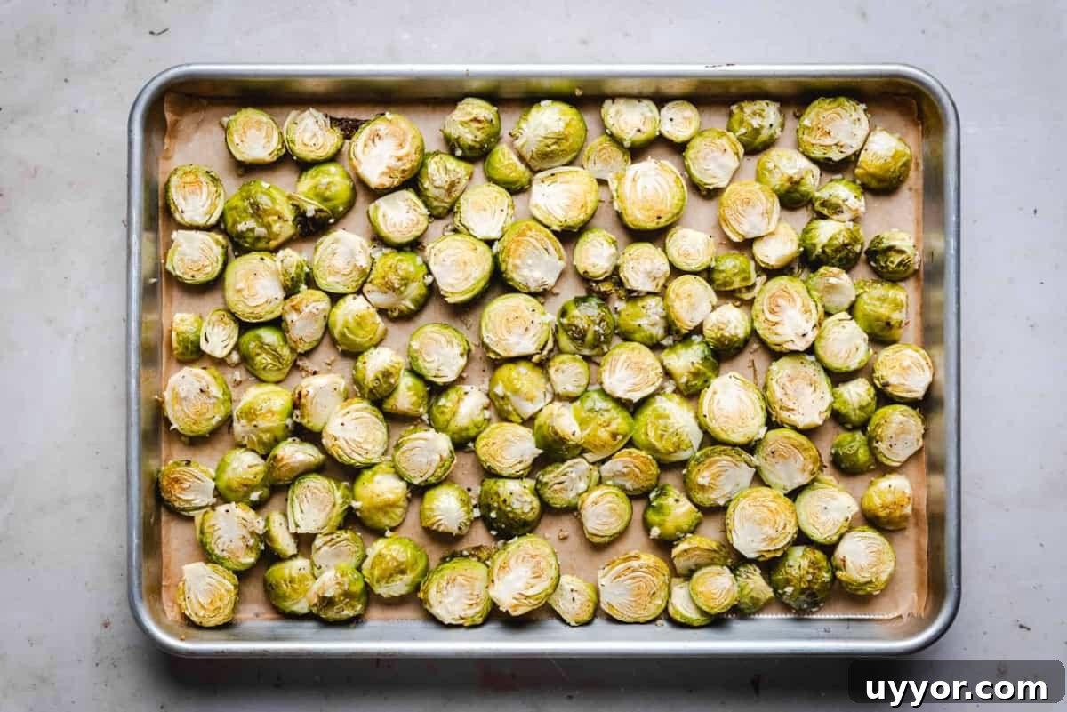 Brussels Sprouts stirred halfway through roasting.