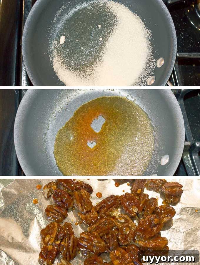 progression of sugar melting for candied pecans