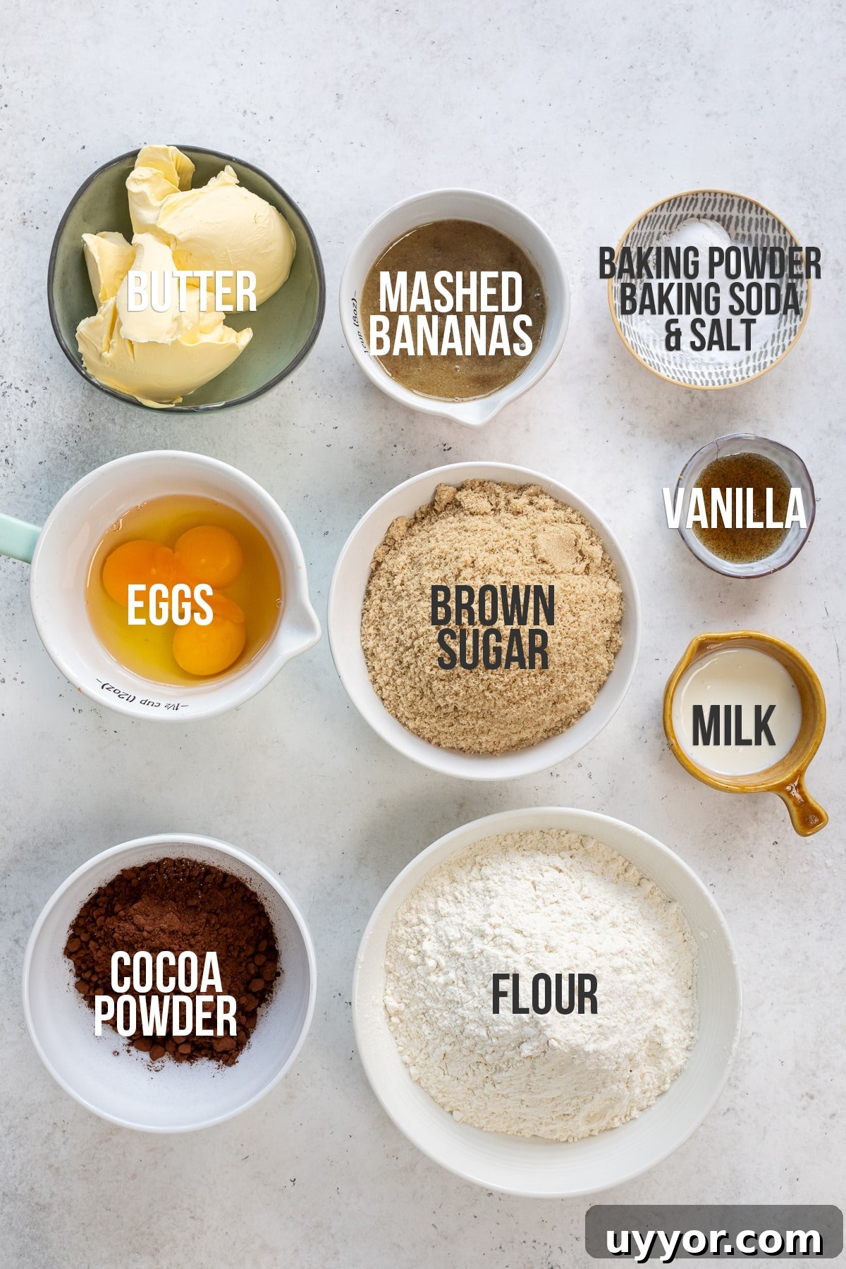 ingredients for chocolate banana bread, with captions
