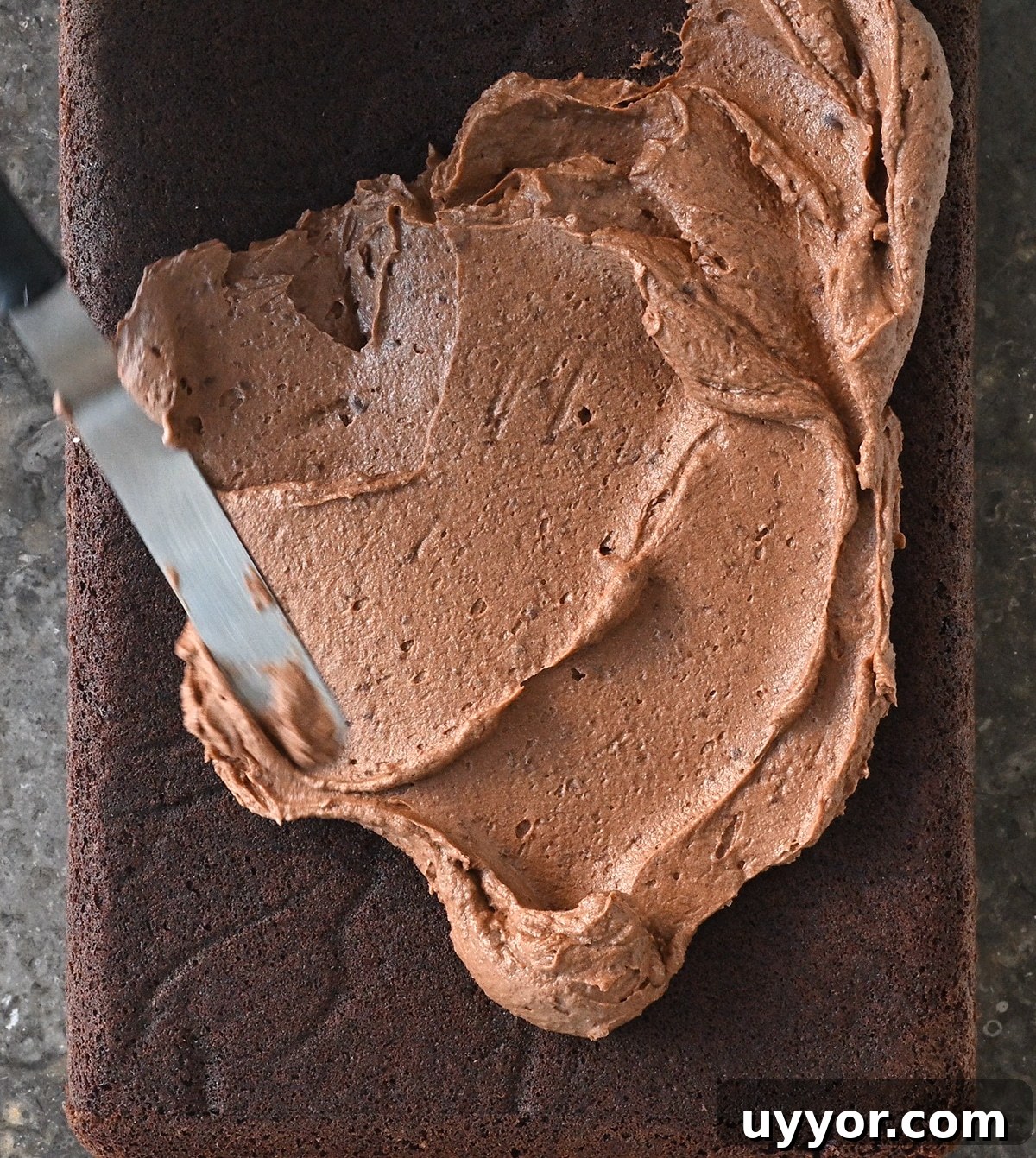 spreading chocolate frosting over chocolate banana sheet cake