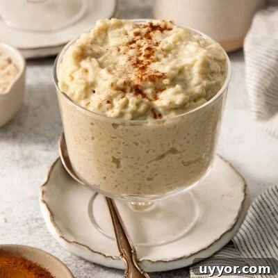Creamy Dairy-Free Rice Pudding Recipe: Vegan Coconut Version 2 dairy-free rice pudding in a jar with a spoon resting beside it