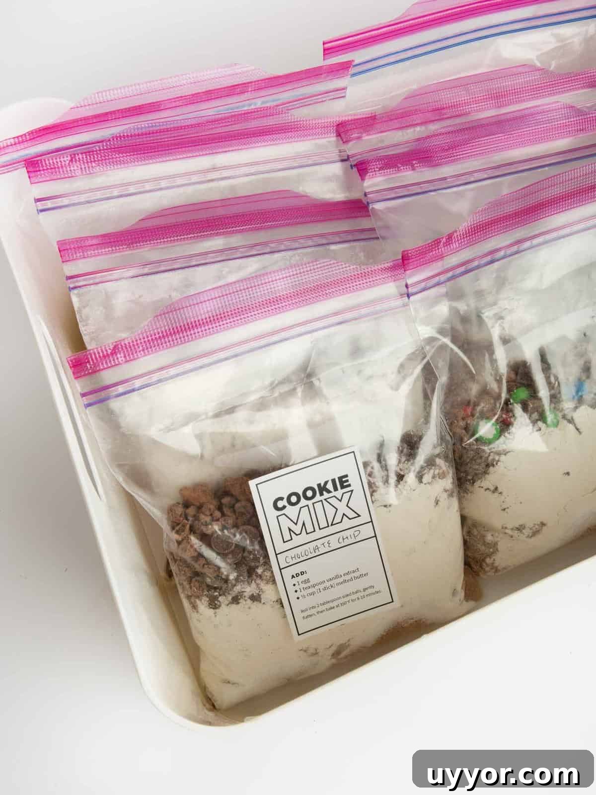 pantry bin of DIY cookie dough mixes in bag