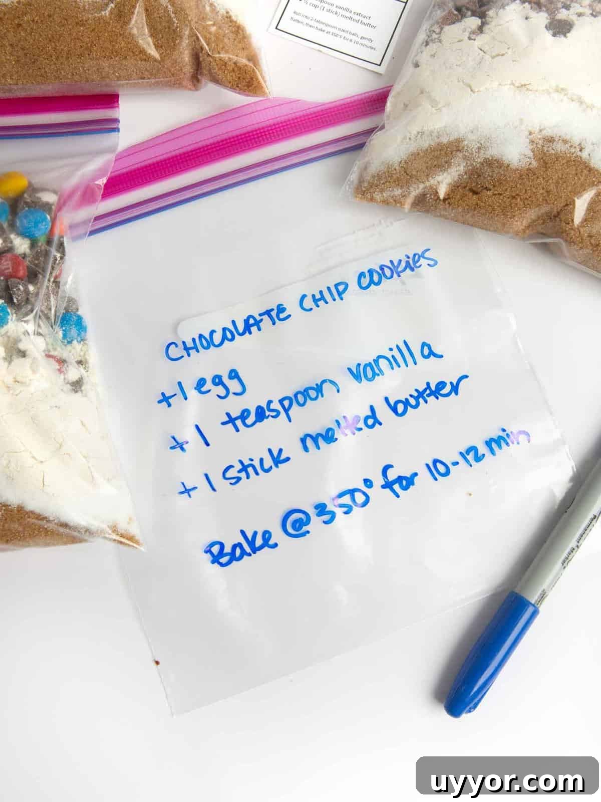 diy cookie mix in bag with instructions written on bag with permanent marker