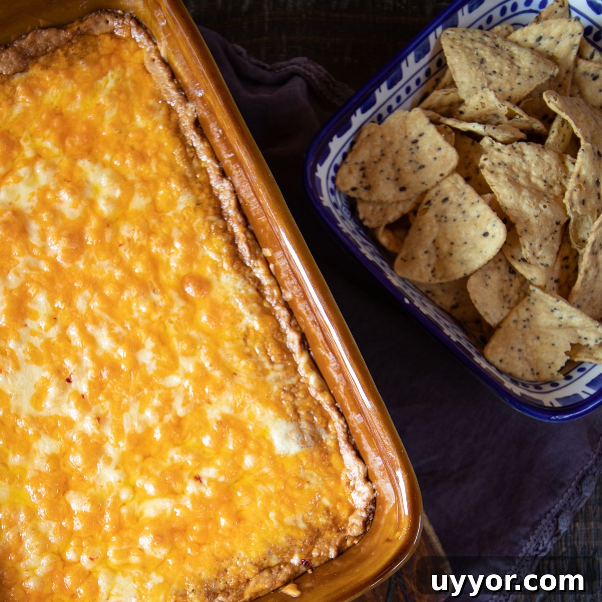 Creamy Refried Bean Dip with Canned Beans — Crowd-Pleasing Recipe 4 Refried beans mixed with cream cheese, sour cream and taco seasoning, and topped with cheese. A bowl of chips on the side.