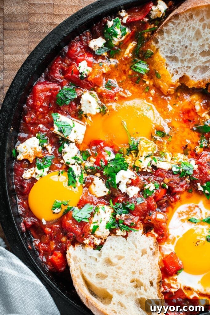 Tahini Sesame Granola with Honey & Orange 12 Harissa shakshuka with bread dipped into a very runny egg yolk in a cast iron skillet.