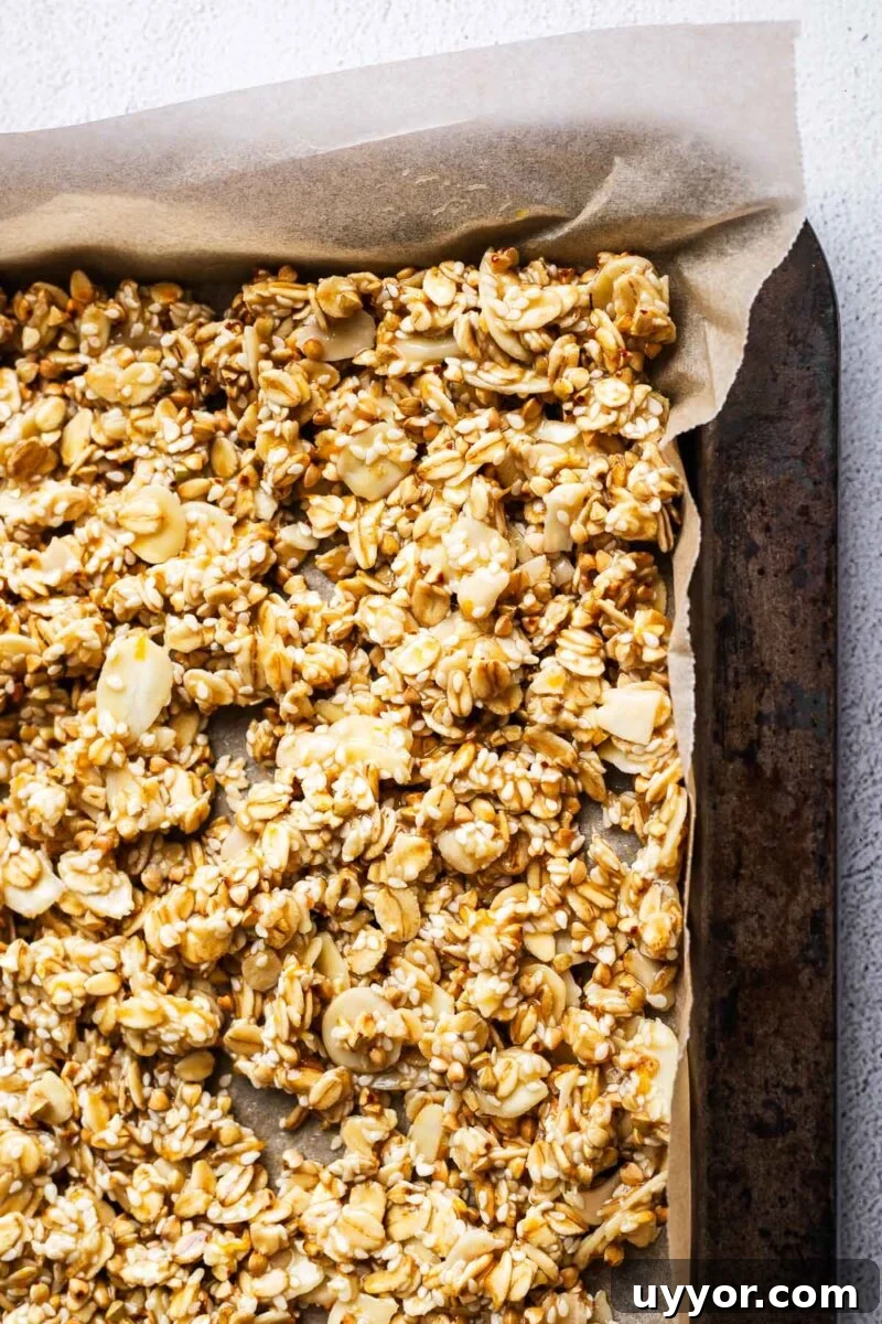 Tahini Sesame Granola with Honey & Orange 6 Close-up of unbaked granola mix in a baking tray.