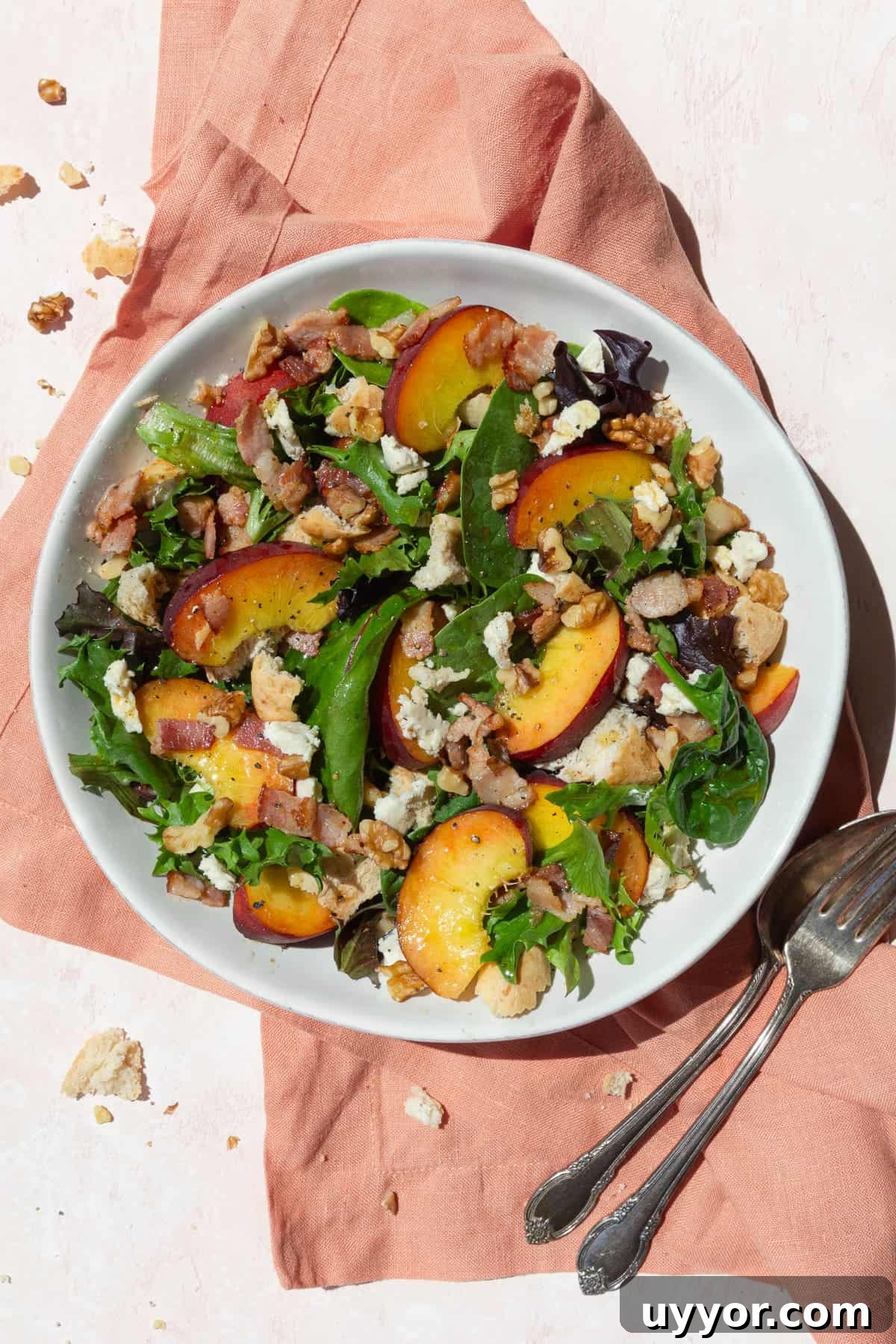 Fresh Peach Salad with Honey-Lime Dressing Recipe 2 Peach salad with cheese and bacon in a white bowl on a pink linen.
