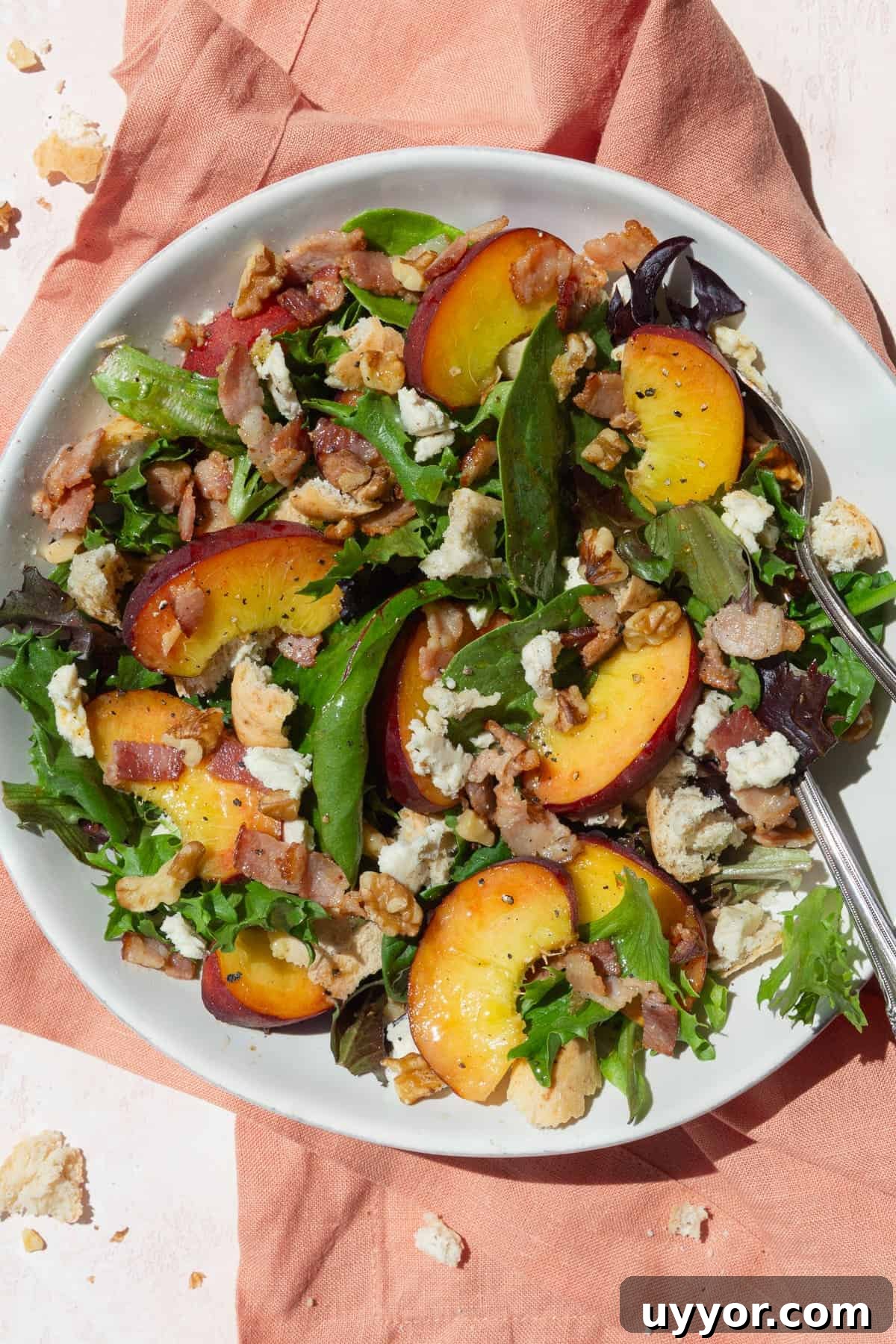 Fresh Peach Salad with Honey-Lime Dressing Recipe 5 Peach salad in a white bowl on a peach colored background.