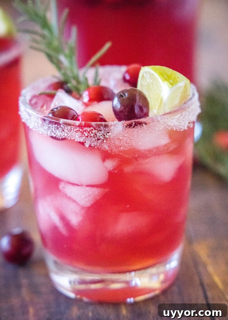 Mistletoe Margarita Cocktail Recipe for Holiday Parties 2 cranberry margarita in a glass with cranberries and rosemary