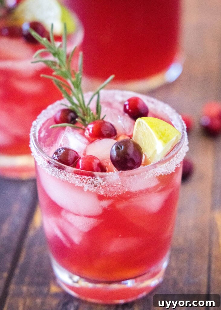 Mistletoe Margarita Cocktail Recipe for Holiday Parties 3 cranberry margarita in a glass with cranberries and a sprig of rosemary