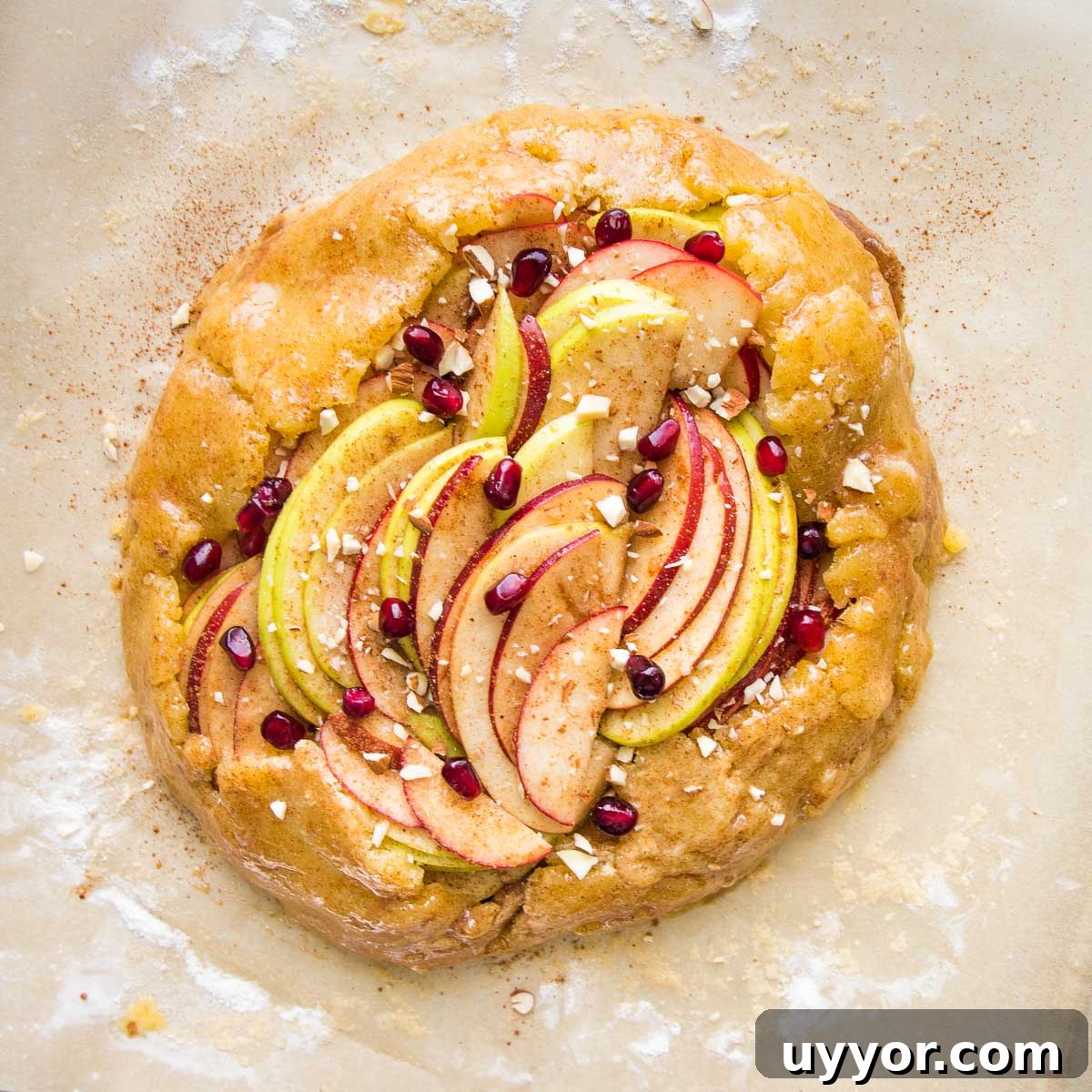 Free form galette with sliced apples, sprinkled with pomegranate seeds and nuts.