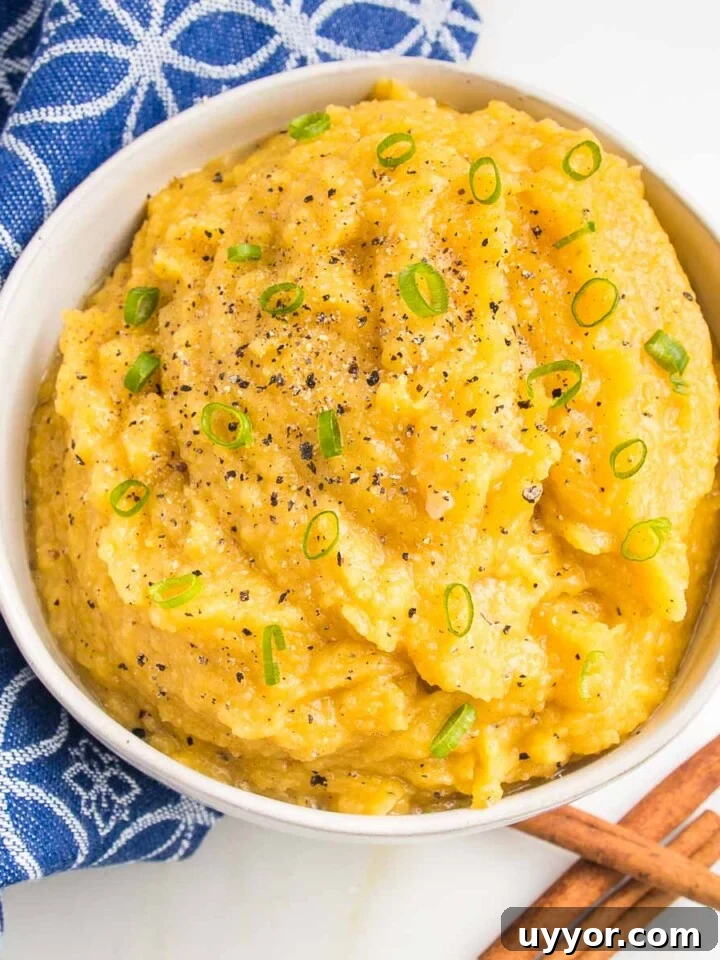 White bowl of mashed acorn squash, garnished with thinly sliced scallions. There is a festive blue dish towel and a few cinnamon sticks in the frame as well.