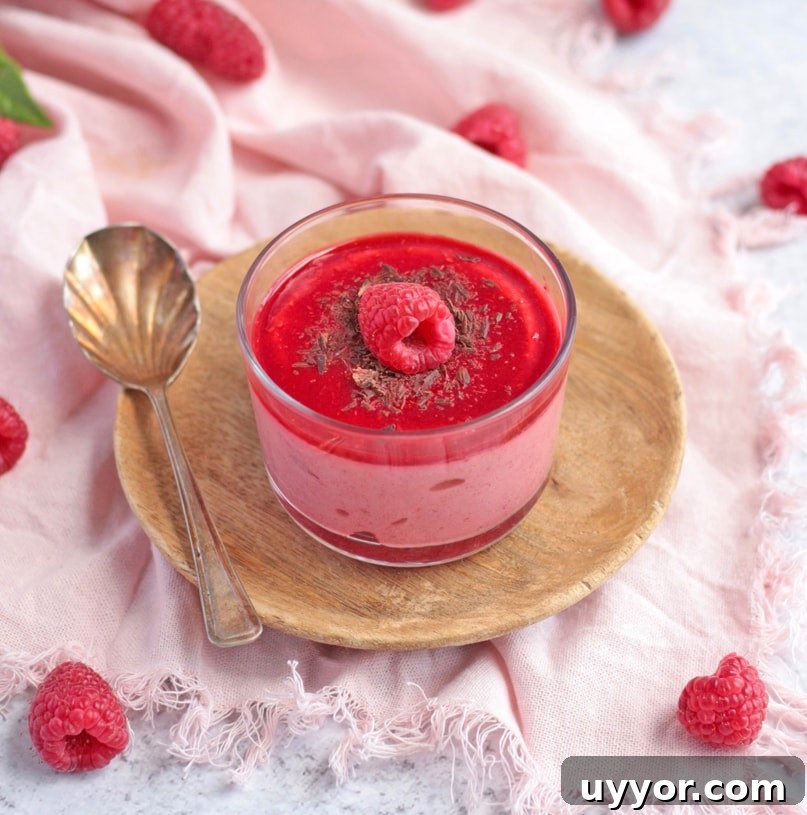 Close up on the mousse topped with a raspberry.