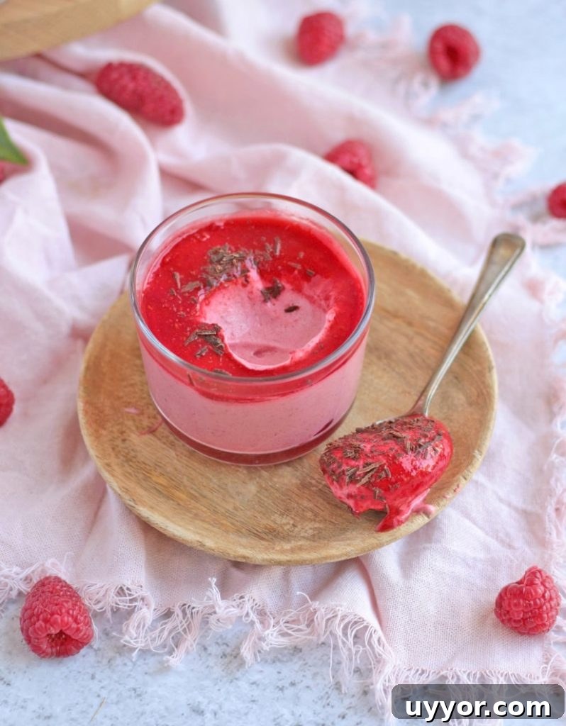 A spoon of mousse taken off the cup and dripping over the plate.