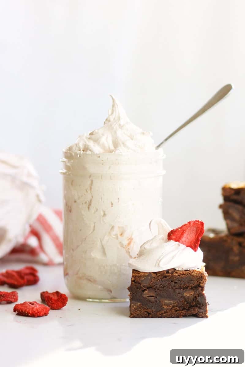 a jar of strawberry marshmallow fluff with a brownie next to it with marshmallow fluff and a freeze dried strawberry on top