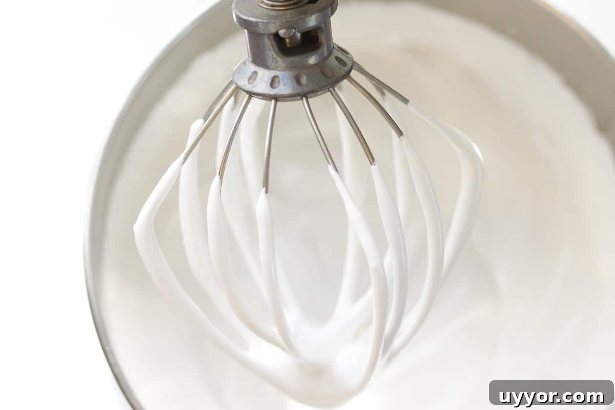 marshmallow fluff on a whisk attachment of a kitchen aid mixer