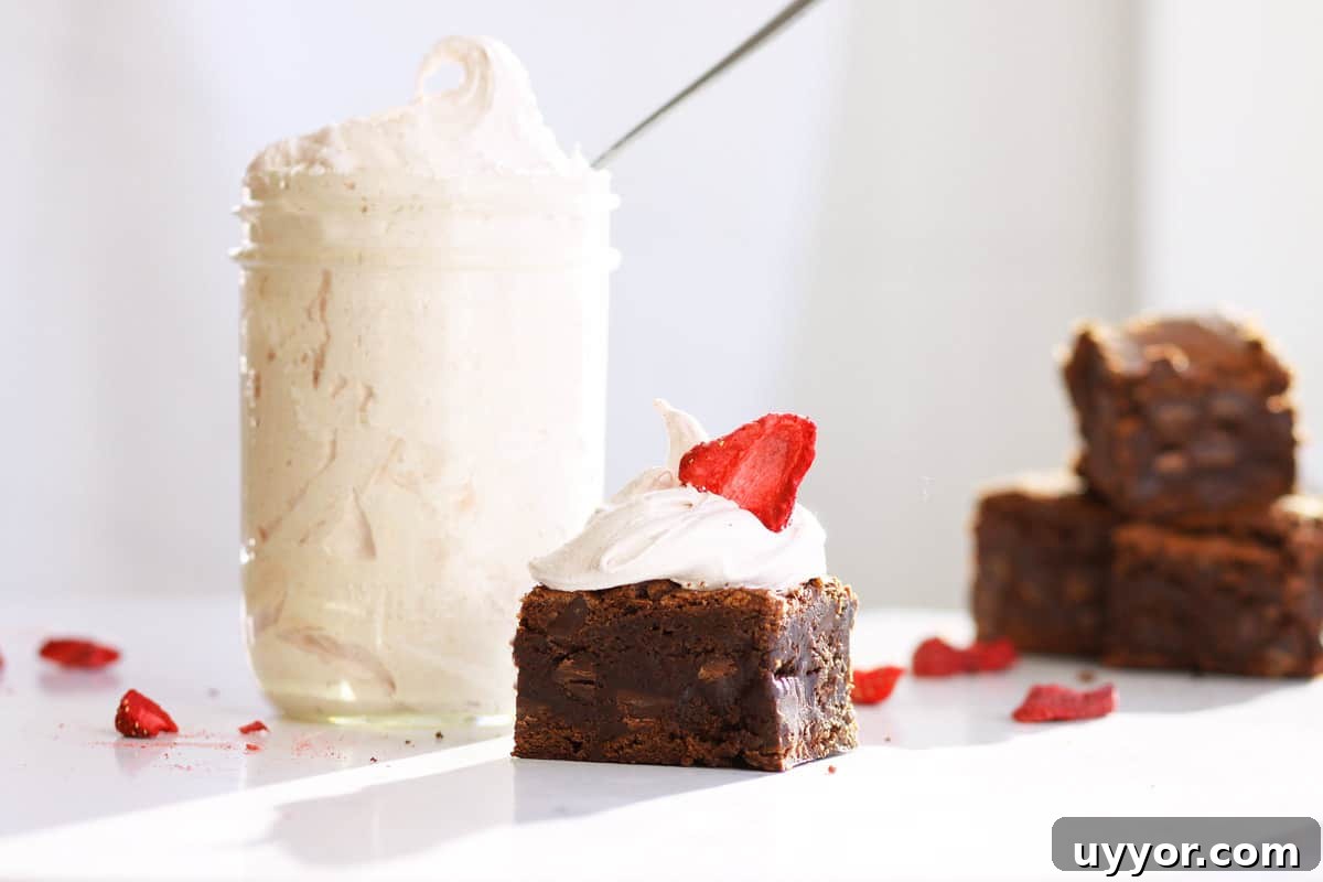 a jar of strawberry marshmallow fluff with a brownie next to it with marshmallow fluff and a freeze dried strawberry on top