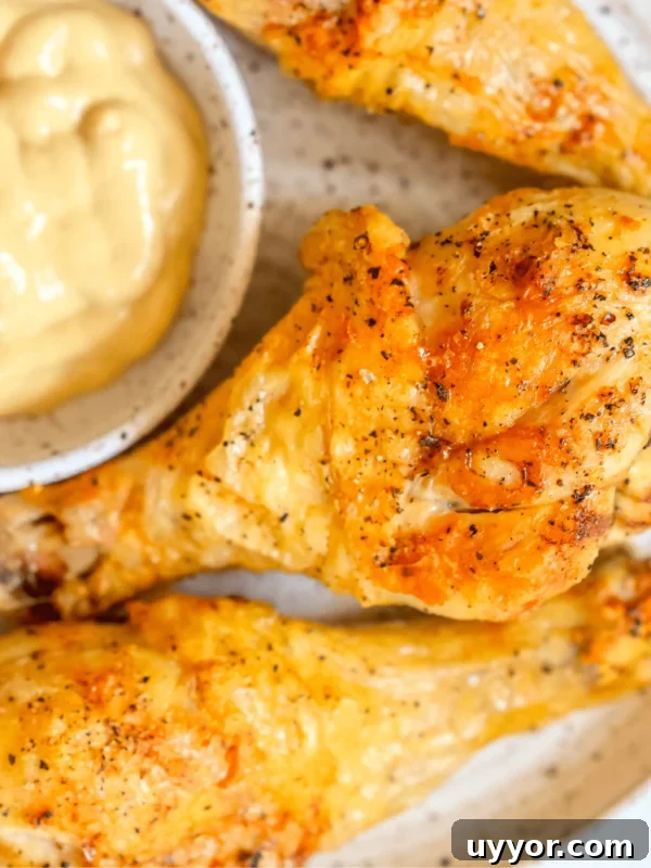 Crispy Honey Mustard Baked Chicken Drumsticks Recipe 16 picture of air fried chicken drumsticks on a white plate with mustard dipping sauce next to it