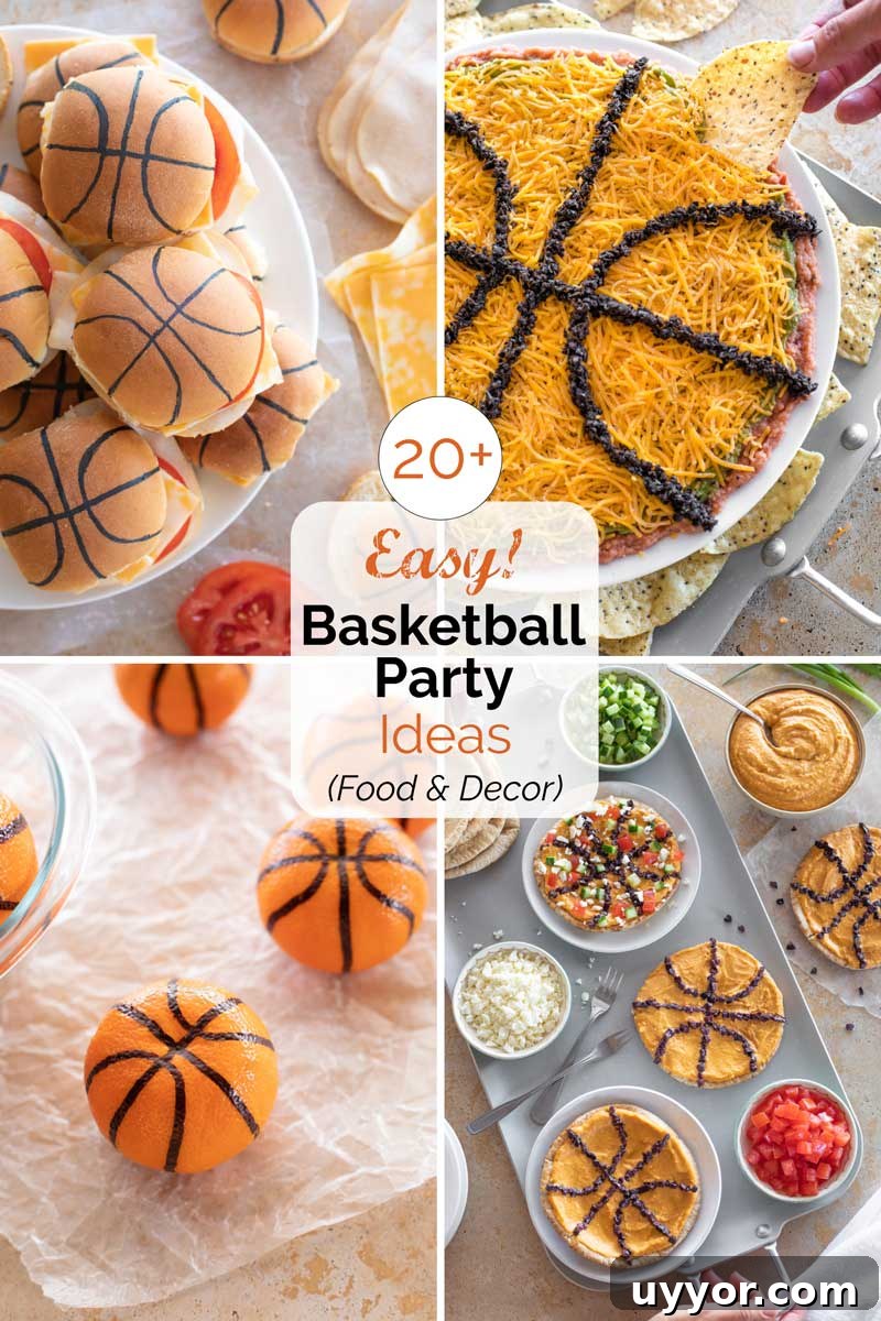 50+ Winning March Madness Game Day Recipes and Snacks 16 Pinnable collage of 4 recipe photos, with text overlay "20+ Easy! Basketball Party Ideas (Food & Decor)".