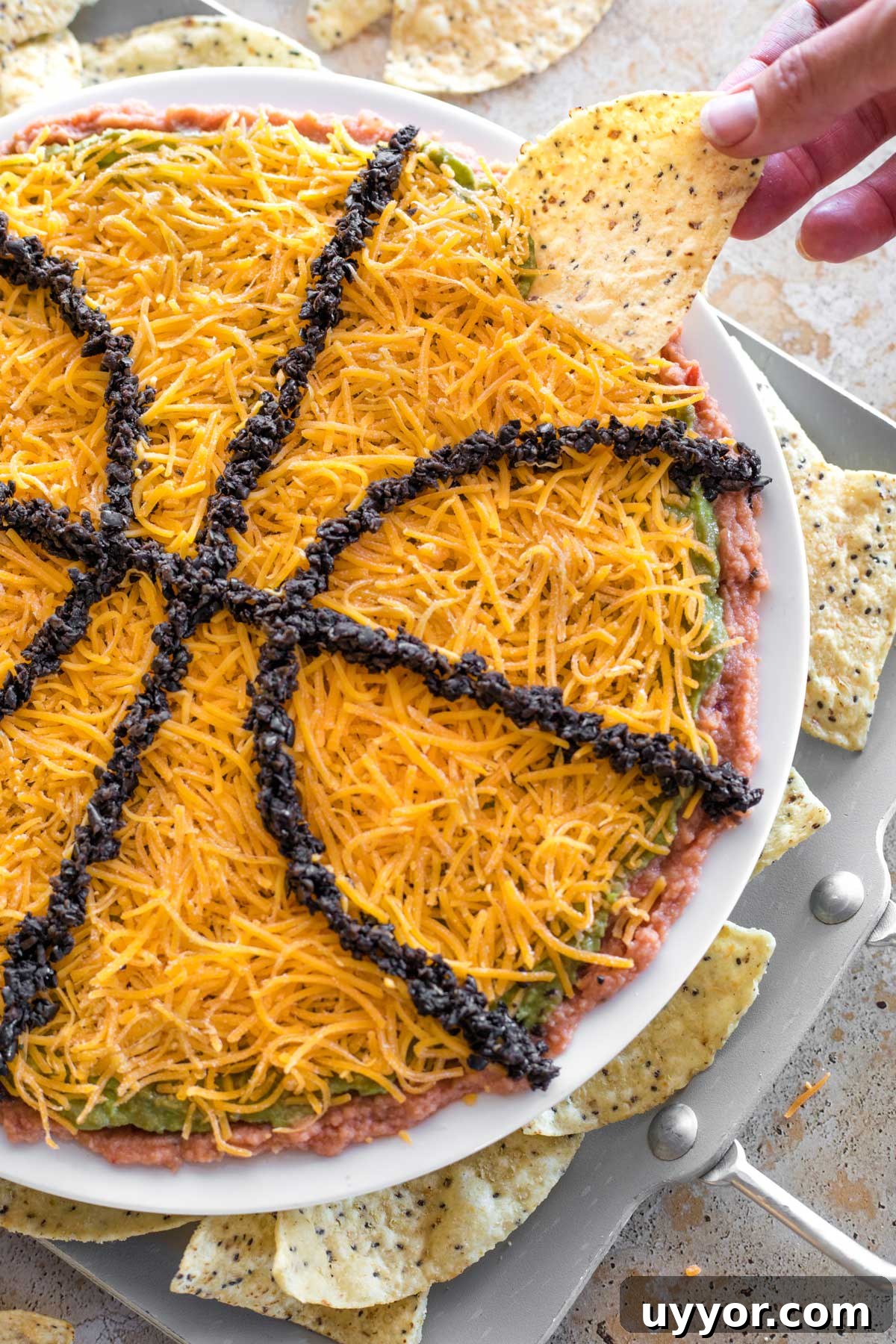 50+ Winning March Madness Game Day Recipes and Snacks 4 Fingers dipping tortilla chip in basketball-shaped layered dip.