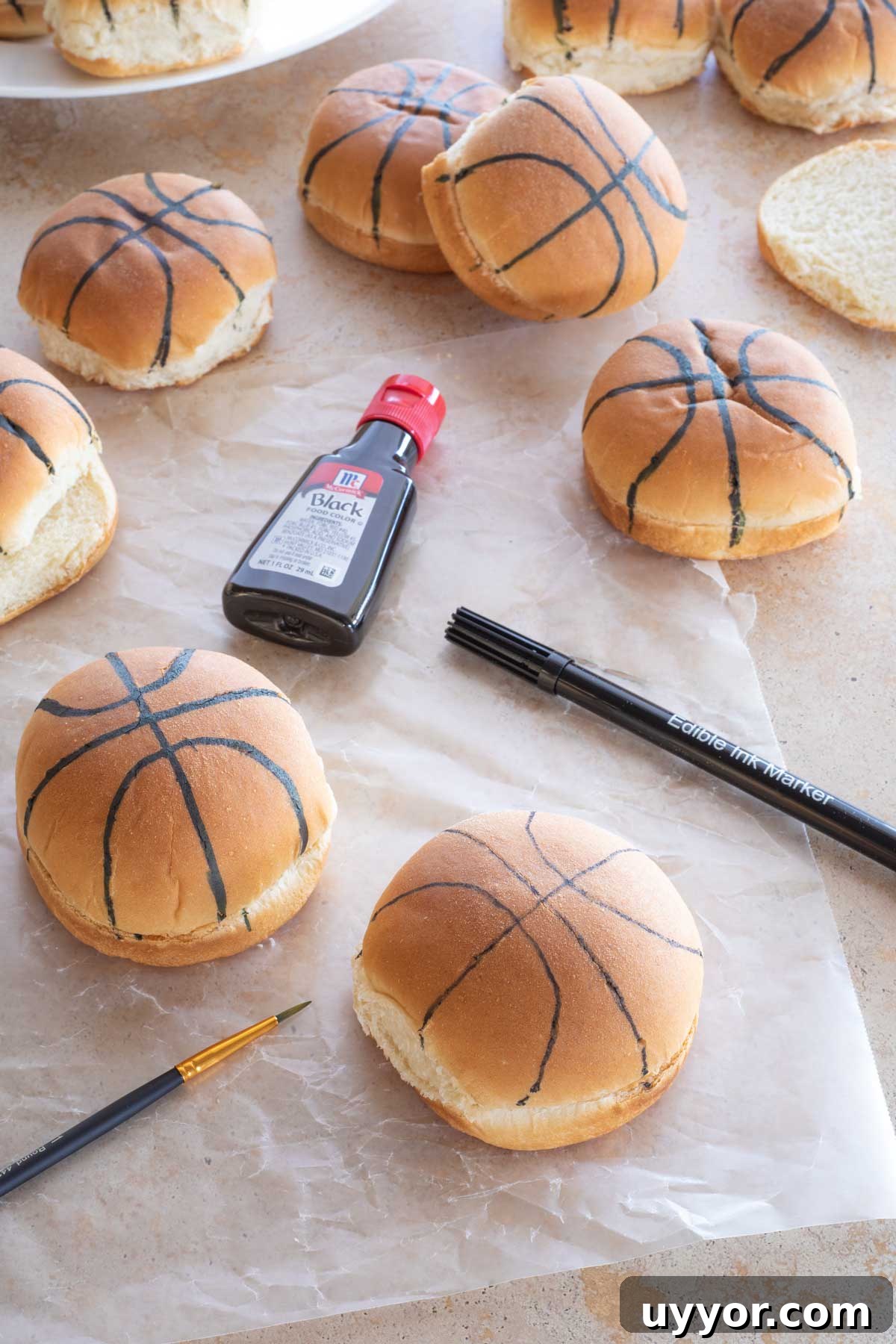 50+ Winning March Madness Game Day Recipes and Snacks 6 Paint brush with food coloring and an edible marker, showing difference in how the 2 techniques look.