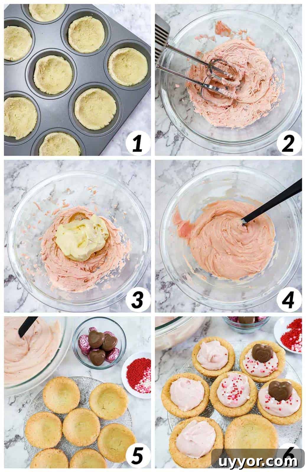 Strawberry Cream Cheese Cookie Cups: Soft Cookies Filled with Creamy Strawberry Centers 4 Six panel collage of process shots- creating cups in cupcake sheet, mixing ingredients for filing, and assembling/decorating cookie cups.