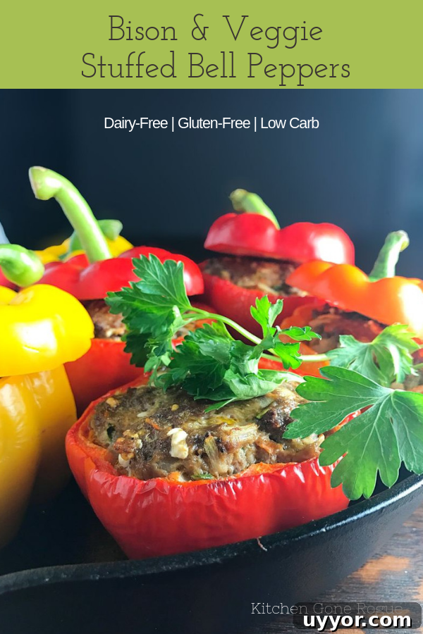 Bison and Vegetable Stuffed Peppers Dairy Free Gluten Free Low Carb - Kitchen Gone Rogue