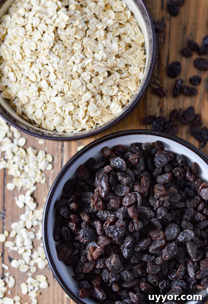 One bowl of uncooked old fashioned oats and another bowl of raisins with oats and raisins scattered around.