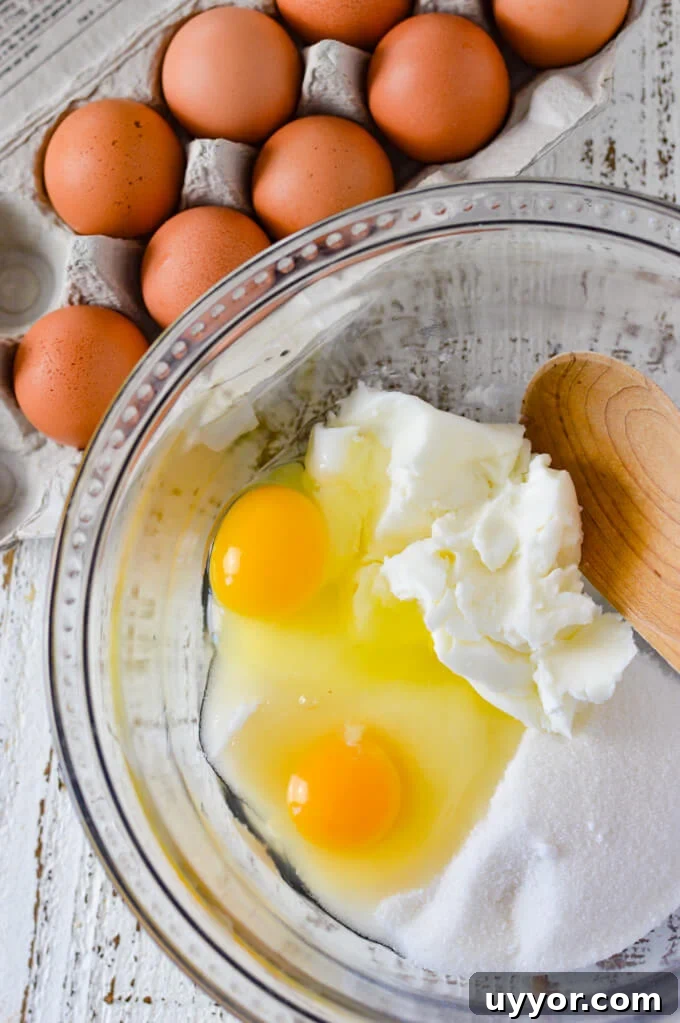 A bowl of shortening, sugar and two cracked eggs with a wooden spoon. A carton of eggs sit next to the bowl.