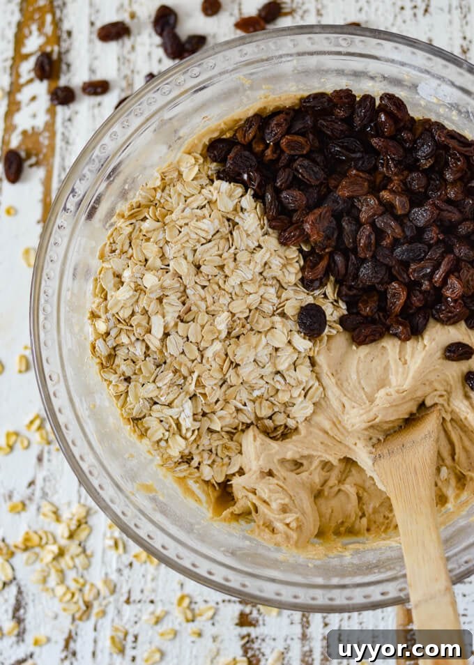 A mixing bowl of oats, raisins and oatmeal cookie batter with raisins and oats scattered around it.