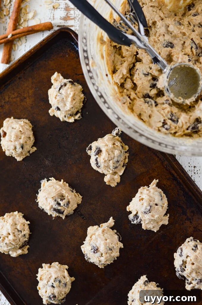 Rounds of oatmeal raisin cookie dough on a cookie sheet with a bowl of dough sitting beside it. A few cinnamon sticks are scattered around.