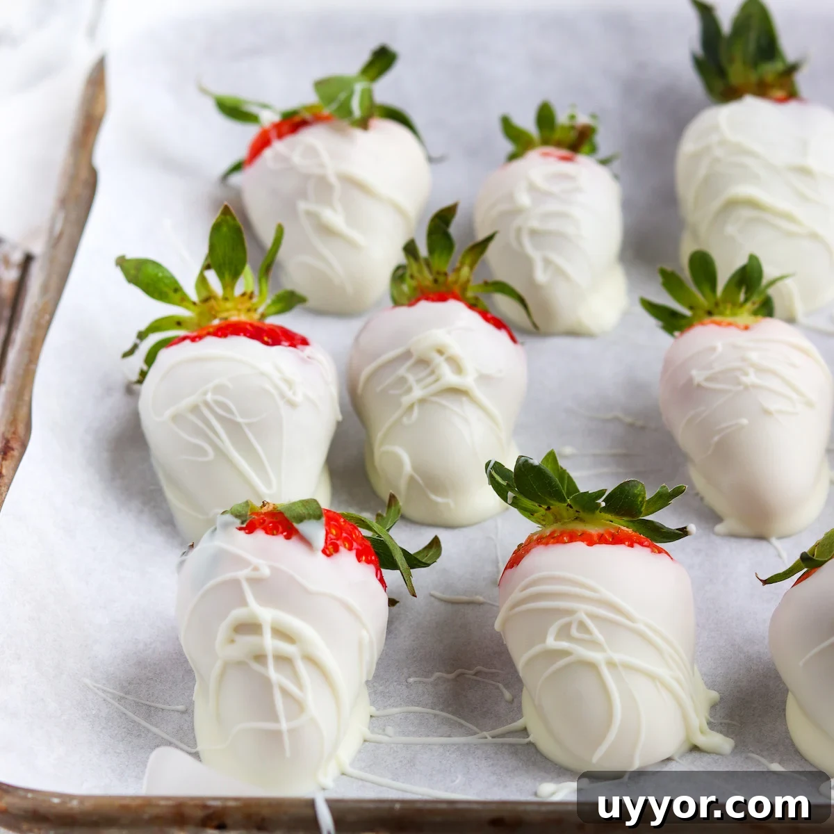 White Chocolate-Covered Strawberries: Simple Step-by-Step Recipe 2 closeup of strawberries dipped in white chocolate on a parchment lined baking sheet.