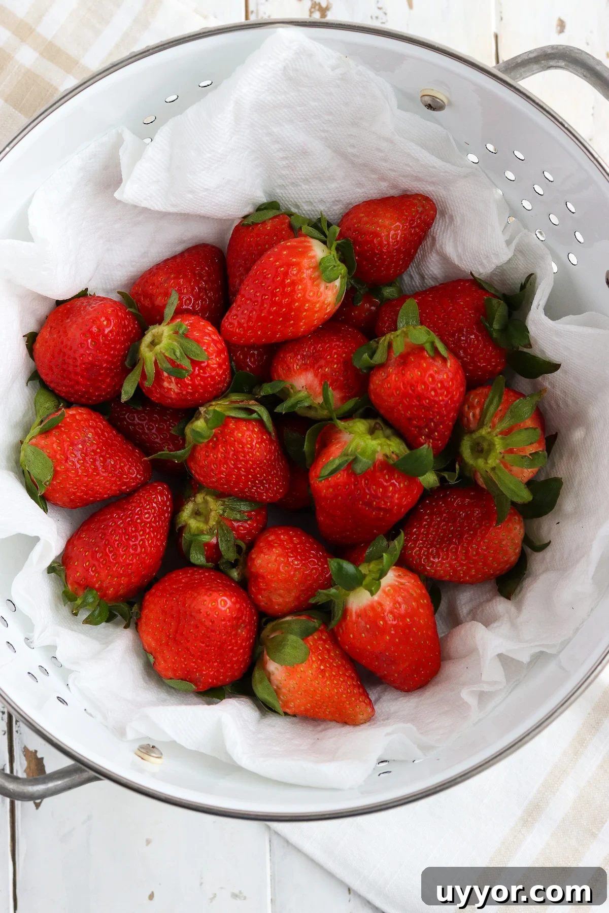 White Chocolate-Covered Strawberries: Simple Step-by-Step Recipe 4 A colander of washed bright red strawberries drying on a paper towel.