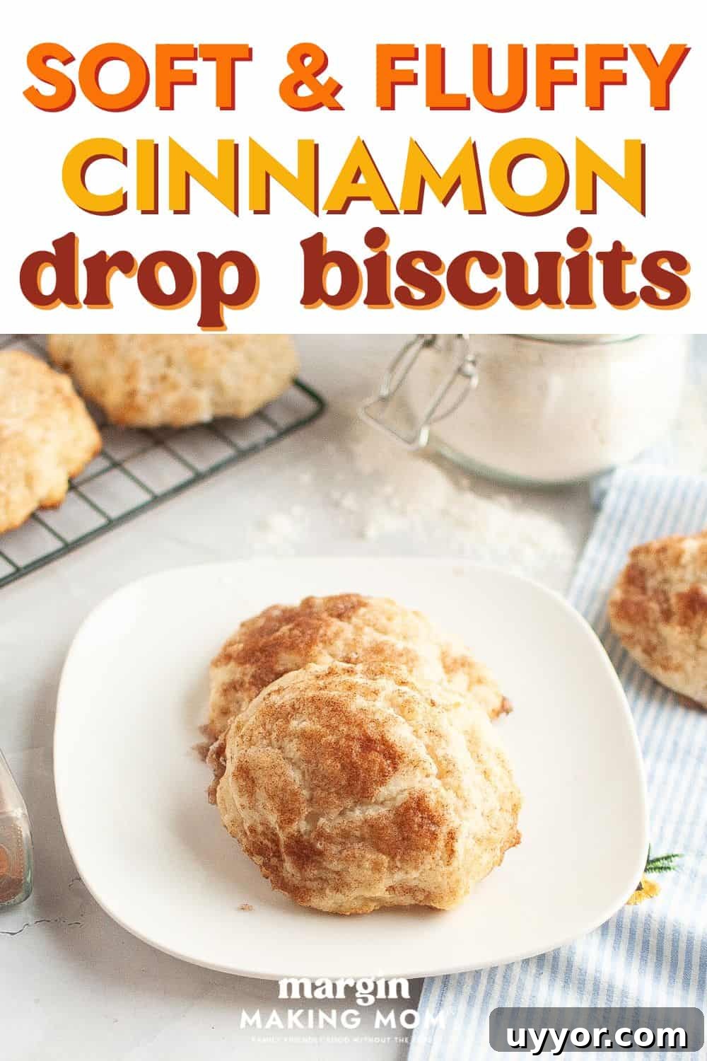 Two cinnamon sugar drop biscuits on a white plate, with more biscuits in the background.