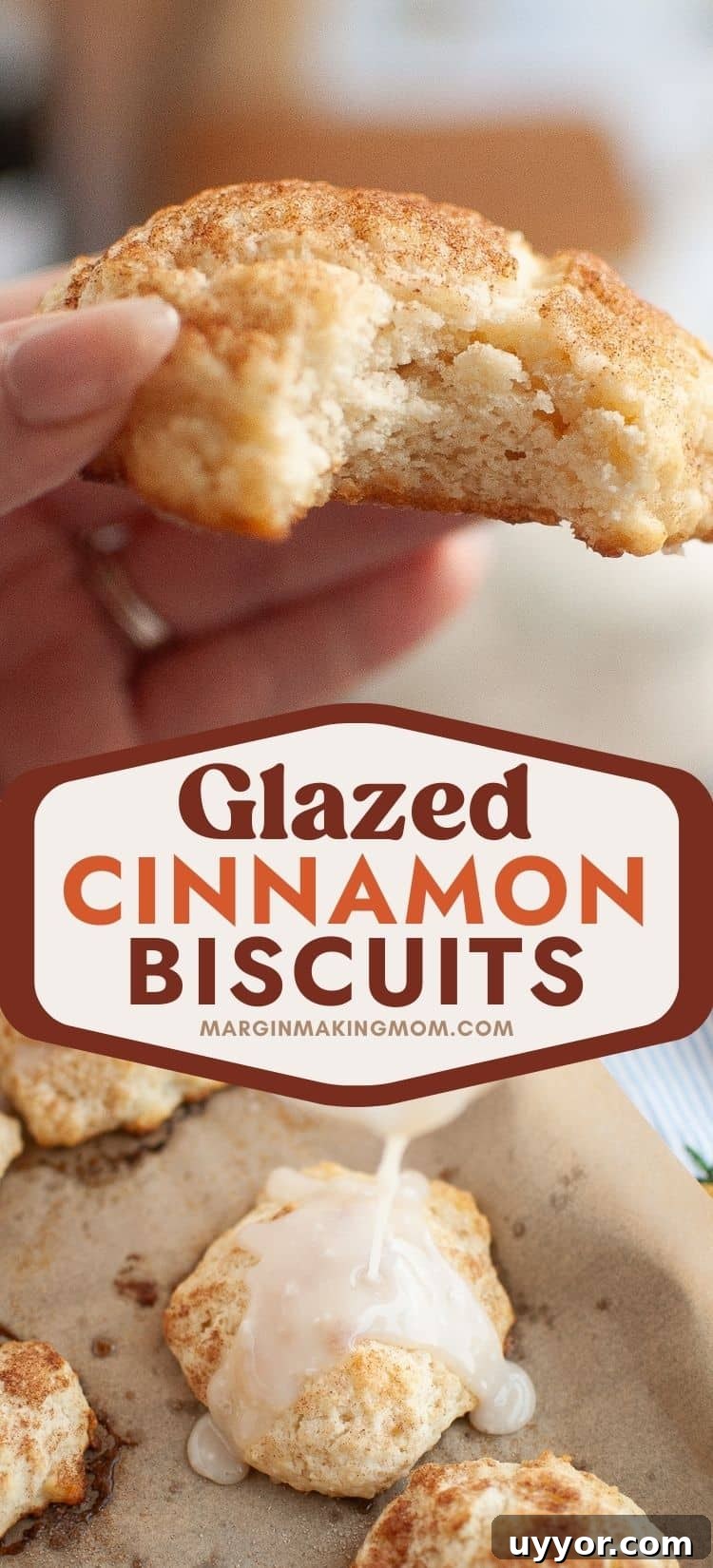 two photos; one shows a hand holding a cinnamon sugar biscuit with a bite taken out of it; the other shows glaze being poured over the biscuits.