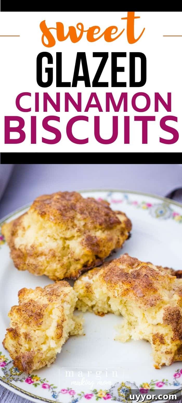 Easy sweet drop biscuits topped with cinnamon sugar and glaze being served on a china plate