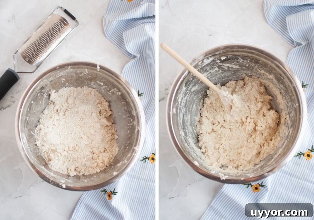 two photos; one shows dry ingredients and butter mixed together in a mixing bowl; the other shows the biscuit dough once the buttermilk has been added.