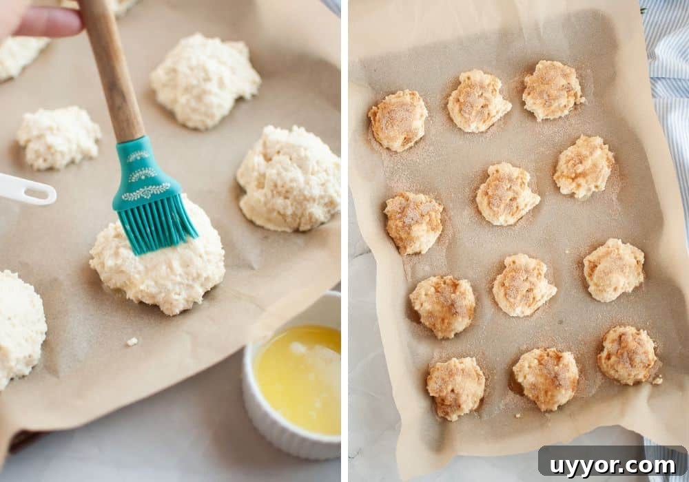 two photos; one shows melted butter being brushed over rounds of biscuit dough; the other shows cinnamon sugar sprinkled over the butter on the biscuits, prior to baking.