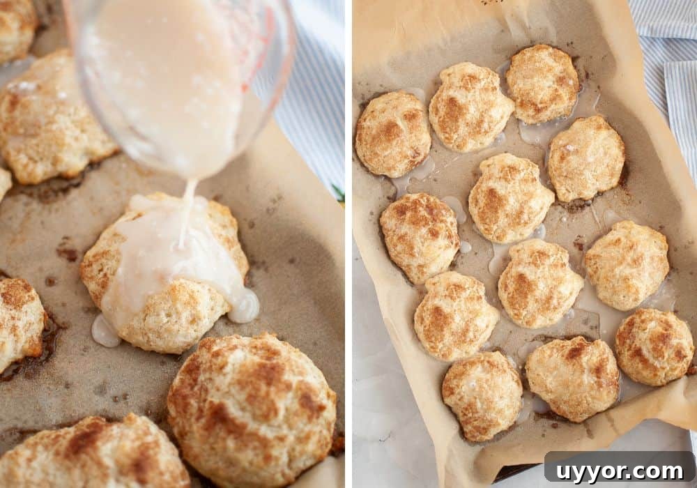 two photos; one shows glaze being poured over cinnamon sugar biscuits; the other shows the glazed biscuits on a parchment-lined baking sheet.
