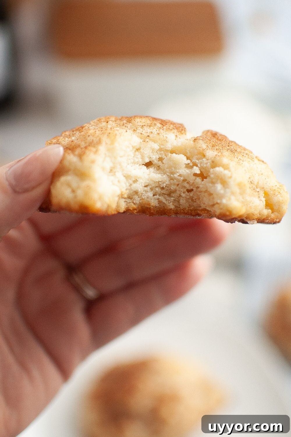a woman's hand holds a fluffy drop biscuit topped with cinnamon sugar. A bite has been taken out of the biscuit to show the soft, fluffy interior.