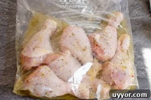 Mixing the Italian marinade and chicken drumsticks together in a clear zip bag