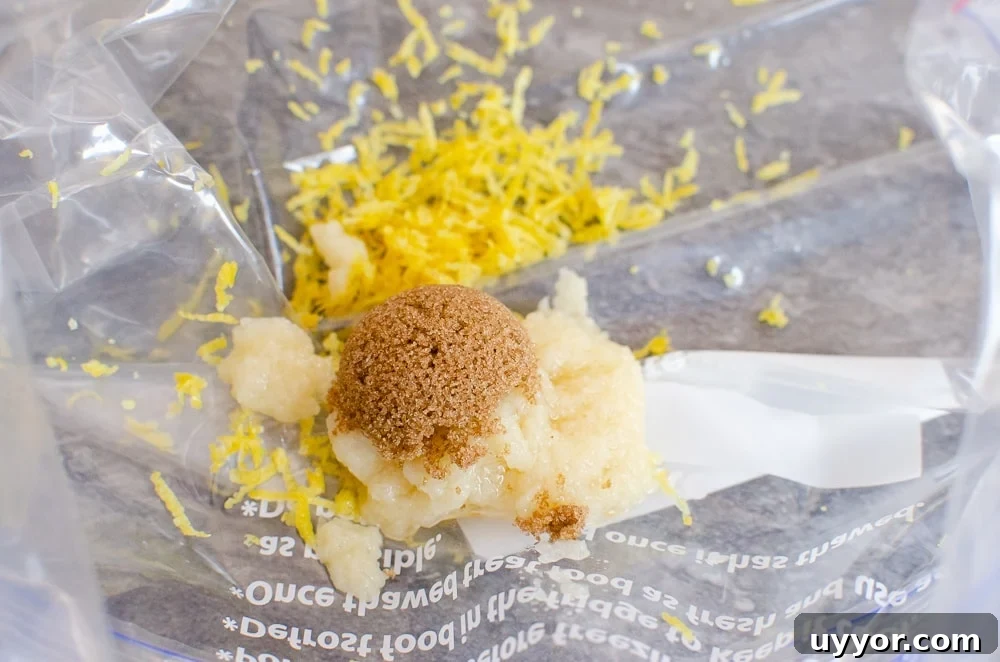 Lemon zest, dark brown sugar and garlic in a clear plastic zip bag
