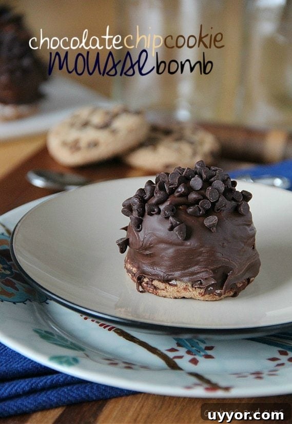 Chocolate Chip Cookie Mousse Bomb Recipe: Decadent Dessert Bite 2 Plate with a chocolate chip cookie mousse bomb on it