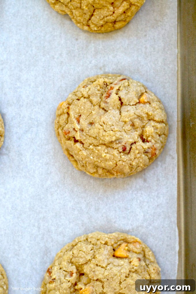 Butterscotch Pretzel Cookie Recipe: Sweet & Salty Treat 10 baked cookies on the baking pan