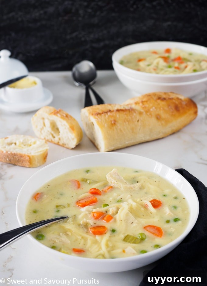 Creamy Chicken Noodle Soup with Garden Vegetables 2 Bowl of Creamy Chicken Noodle and Vegetable Soup served with sliced bread.