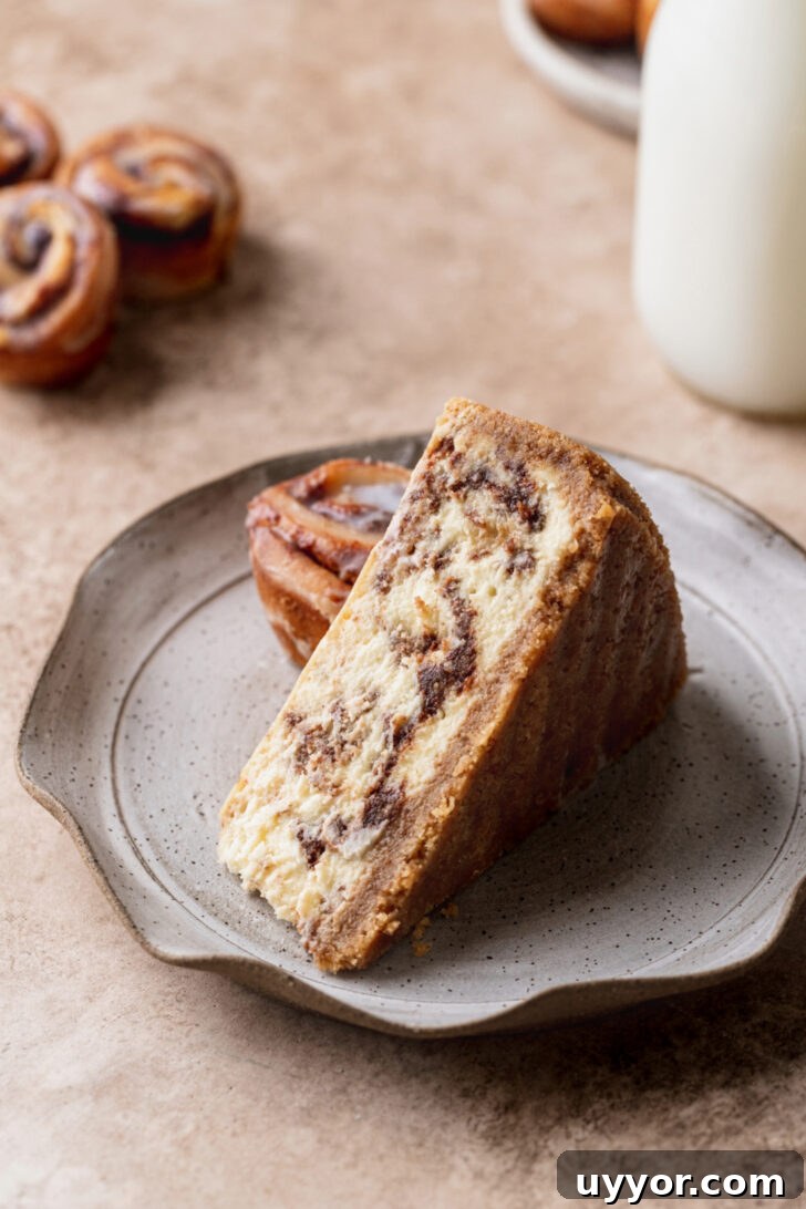 Cinnamon Roll Cheesecake Recipe: Swirled Cinnamon Cream Cheese Dessert 11 One slice on a plate on its side.