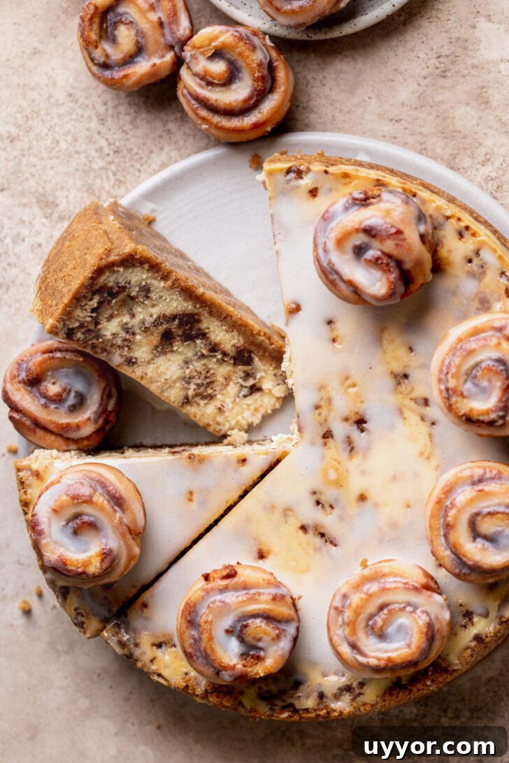 Cinnamon Roll Cheesecake Recipe: Swirled Cinnamon Cream Cheese Dessert 3 One slice of cinnamon roll cheesecake on its side with the rest of it.