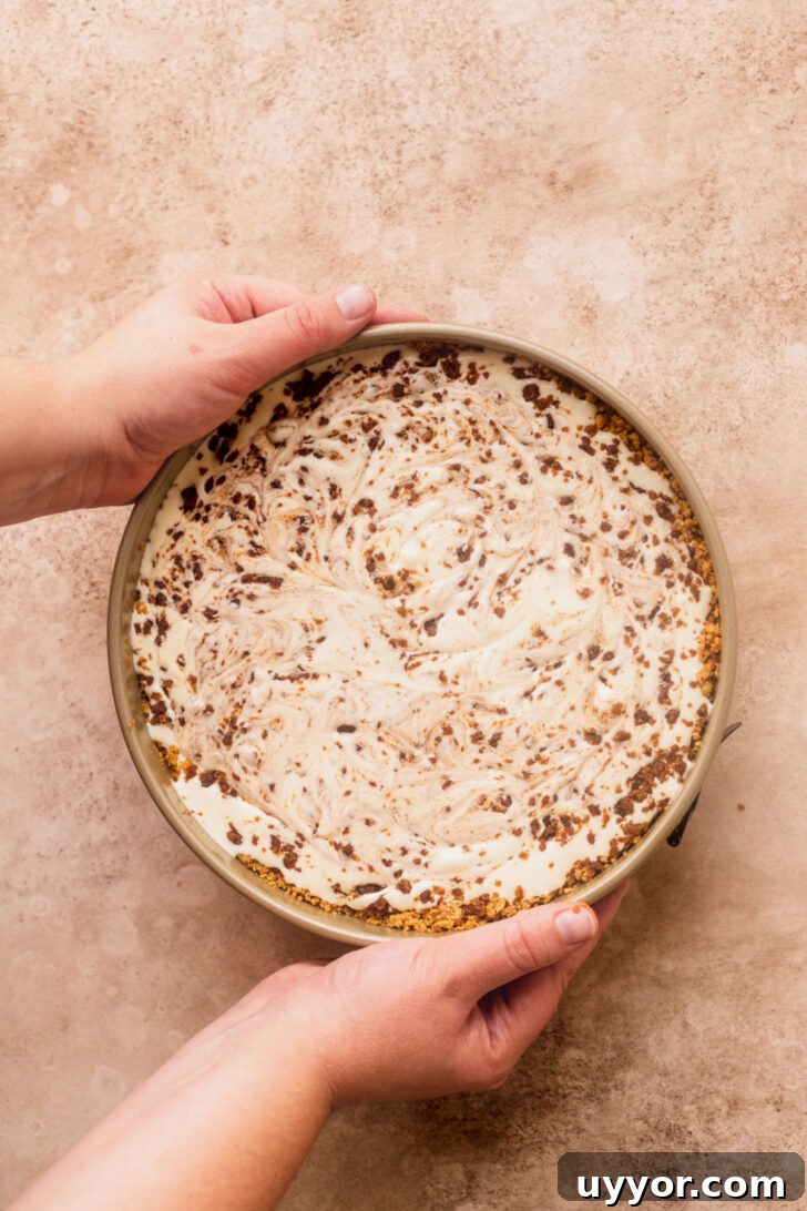 Cinnamon Roll Cheesecake Recipe: Swirled Cinnamon Cream Cheese Dessert 7 Raw cheesecake batter in the pan.