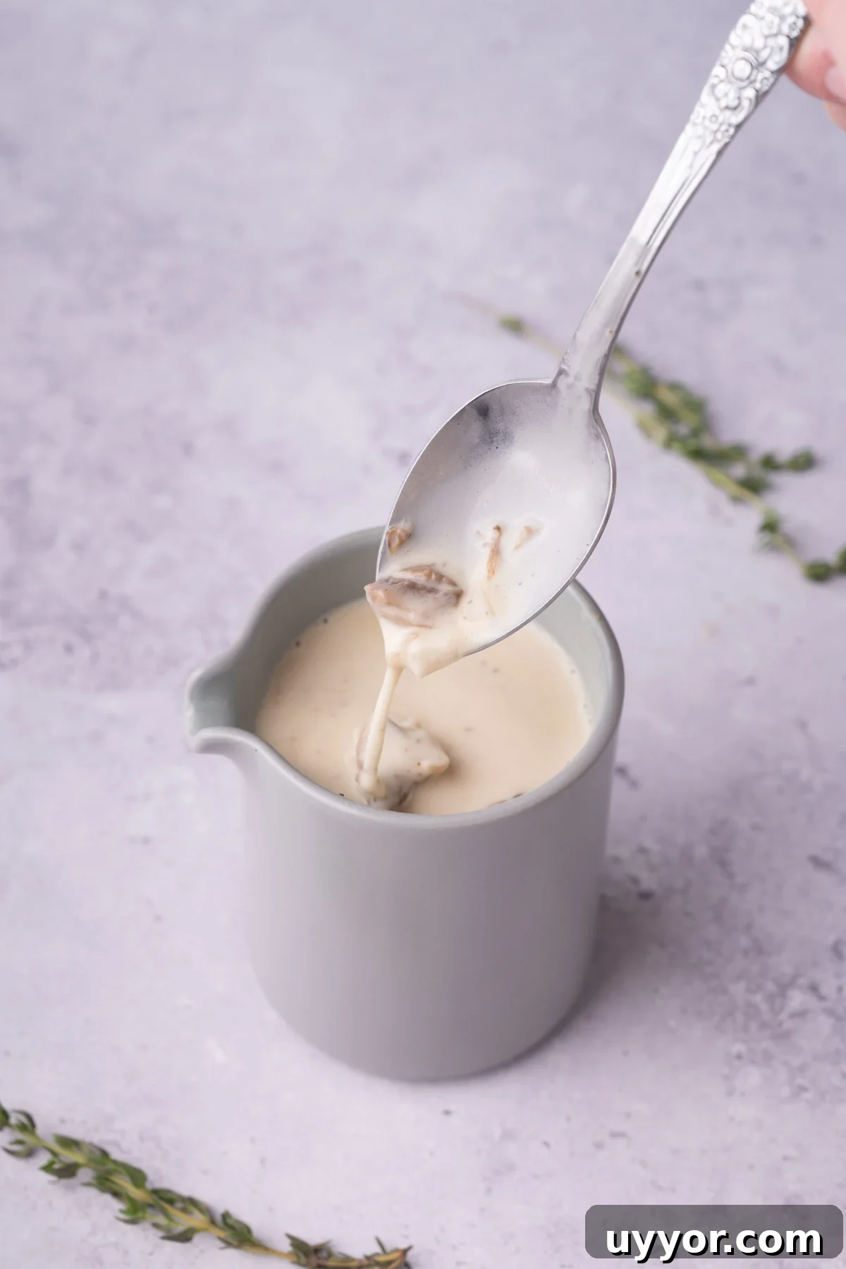 Creamy White Wine Mushroom Sauce Recipe for Pasta and Chicken 2 Creamy white wine mushroom sauce dripping off a spoon.