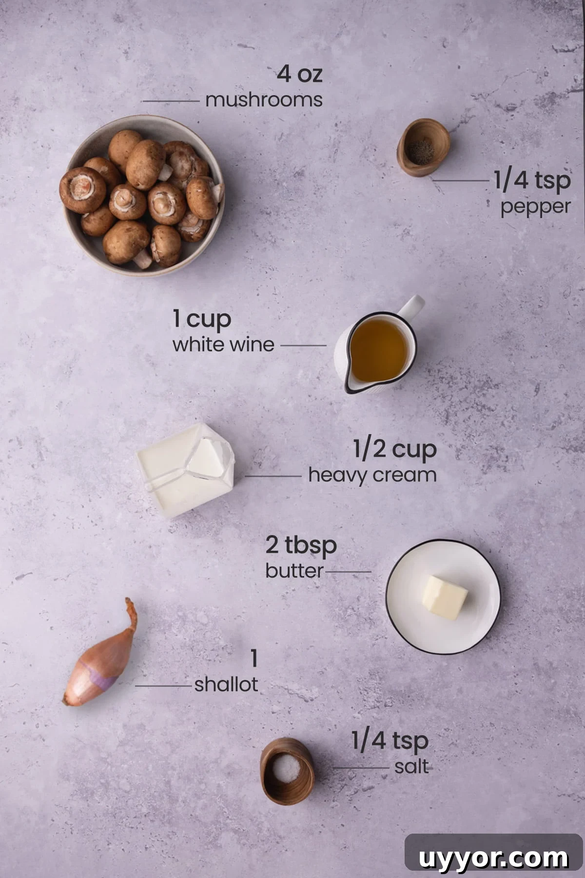 Creamy White Wine Mushroom Sauce Recipe for Pasta and Chicken 3 Overhead view of the ingredients needed for white wine mushroom cream sauce - mushrooms, pepper, white wine, heavy cream, butter, shallot, and salt.
